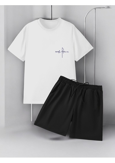 Uyguntarz Unisex Cep İmza Tasarım Basklı Tshirt Şort Takımı Beyaz