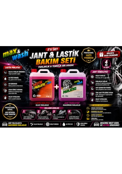 Max&wash 2'li Jant & Lastik Bakım Seti 4+4 Kg Jant Temizleyici + Lastik Parlatıcı Profesyonel Oto Kuaför Bakım Seti
