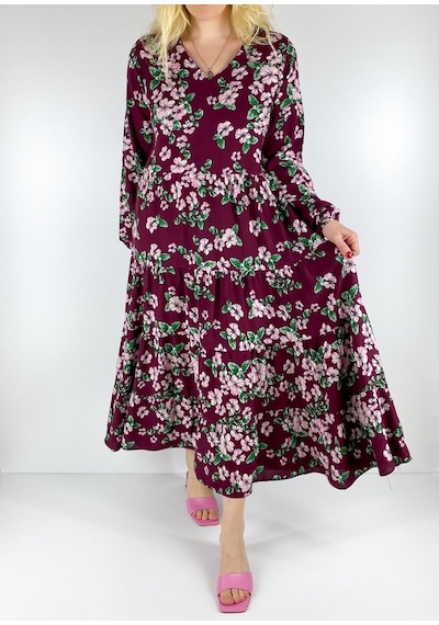 Modaonna Çiçek Desenli Bordo Maxi Elbise Bordo