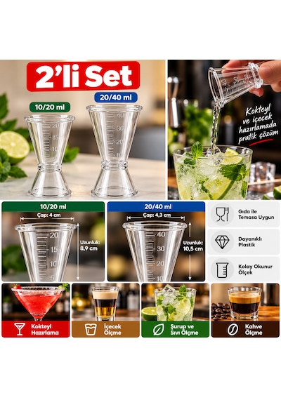 Polikarbon Kokteyl Ölçü Kabı Jigger 2 Li Set 10/20 Ml + 20/40 Ml