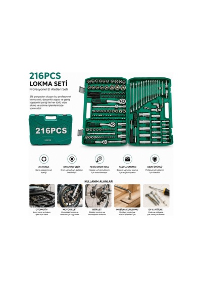 Tools Man Lokma Seti 216 Parça - 3 Cırcır Kollu Plastik Çantalı