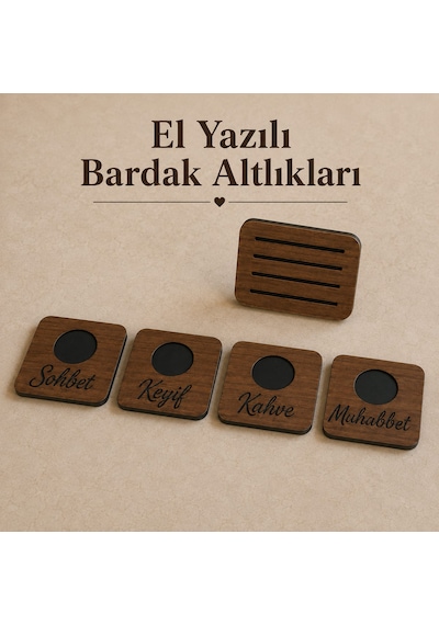 İsme Özel Ahşap Mutfak Kahve Köşesi Tabela Duvar Dekor Askılık Seti - Gold Pleksi Yazılı Fıncan Kupa Askısı, 4 Lü Fıncan Altlığı Ve Damlalık -