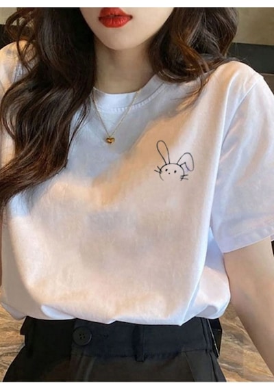 Flood Of Style Kadın Beyaz Figür Tavşan Baskılı Oversize