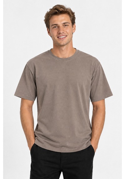 Vasto Moda Erkek Oversize Kalın Dokulu %100 Organik Pamuk Bisiklet Ribana Yakalı Kahverengi T-shirt