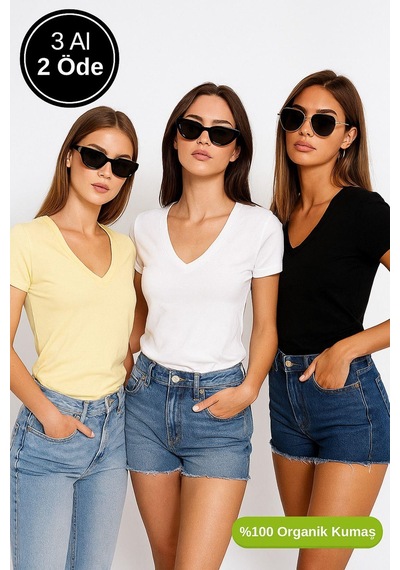Kadın 3'lü Paket Siyah-sarı-beyaz %100 Organik Pamuk Normal Kesim Tişört V Yaka T-shirt Çok Renkli