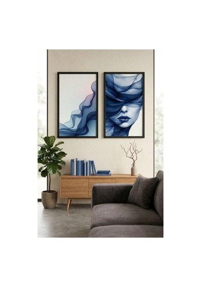 Siyah Ahşap Çerçeveli Mavi Soyut Kadın Portre Modern Duvar Tablosu 2 Li Set Siyah