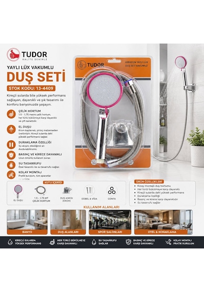 Tudor Tdr-254 Krom Lüks Duş Seti - Metal Yaylı Hortum 150 Cm Ve Mafsallı
