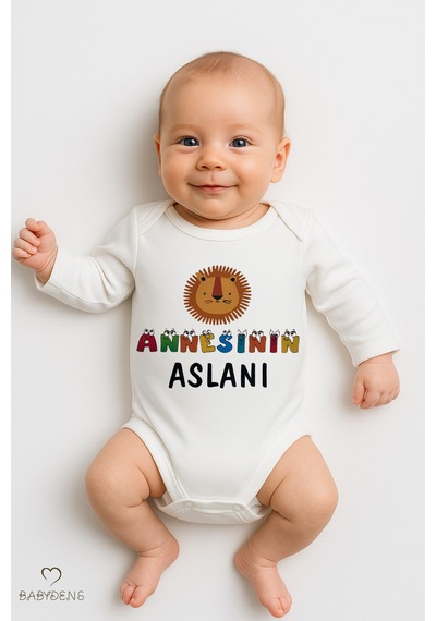 Babyden's Annesinin Aslanı Baskılı Unisex Uzun Kollu Çıtçıtlı Bebek Body %100 Pamuk, Rahat Zıbın Beyaz