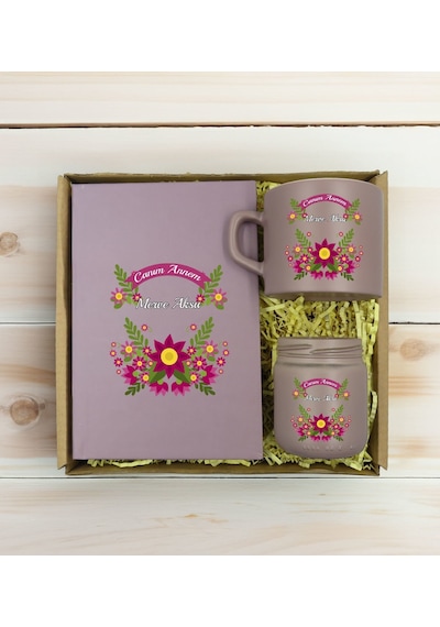 Bk Gift Kişiye Özel İsimli Dtf Anne Temalı Mat Gri Defter & Kahve Fincanı & Mum Hediye Seti-6, Anneye Hediye, Anneler Günü Hediyesi Kobitmeyencom30788