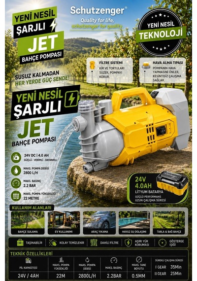 Şarjlı Su Motoru 4.0 Ah 22 Mt Dikey Su Atar Elektrik Olmayan Yerler İçin Sarı Jet Pompa 220 Mt Yatar Atar