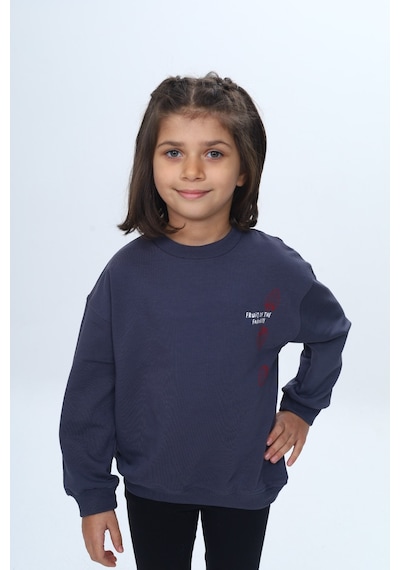 Kız Çocuk Relax Fit Bisiklet Yaka Düşük Omuz Baskılı Sweatshirt Füme Melanj