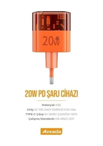 Azeada Lınsu 20w Type-c Hızlı Şarj Adaptörü Turuncu Pd-a31 20w Tek Giriş, Şarj Başlık