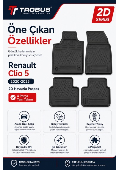 Trobus Renault Clio 5 2019 Sonrası 2d Havuzlu Paspas
