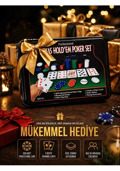 Profesyonel Texas Poker Seti 200 Chip - 2 Deste İskambil Kart - Keçe Masa Örtüsü - Metal Kutu