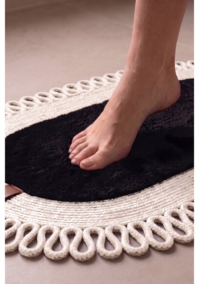 Banyo Paspası Takımı 60x100+40x60 Cm Dış Trikot Siyah & Krem Siyah - Krem