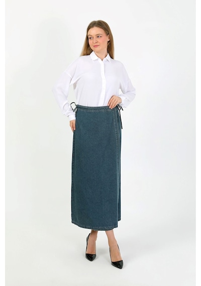 Vellichor Yandan Bağlamalı Denim Etek- Mavi Çok Renkli
