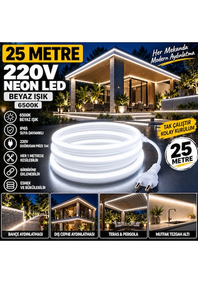 Borsan 25 Metre 220v Neon Led 6500k Beyaz Işık Ip65 Suya Dayanıklı Fişli Tak Çalıştır Iç Dış Mekan Montaj Aparatı Dahil 6500K - Beyaz Işık