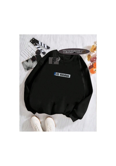 Tarzsokak Biskilet Yaka Sweatshirt Siyah 43 Kütahya Özel Tasarım Plaka Detaylı