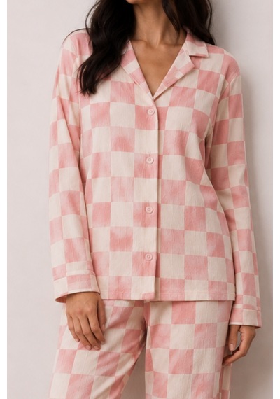 Kadın Düğmeli Kışlık Ev Pembe Pijama Takımı