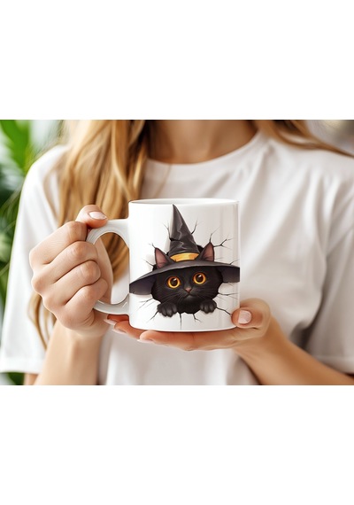 Halloween Kedi Figürlü Kupa Bardak 3 Boyutlu Tasarım Kabartmasız Beyaz