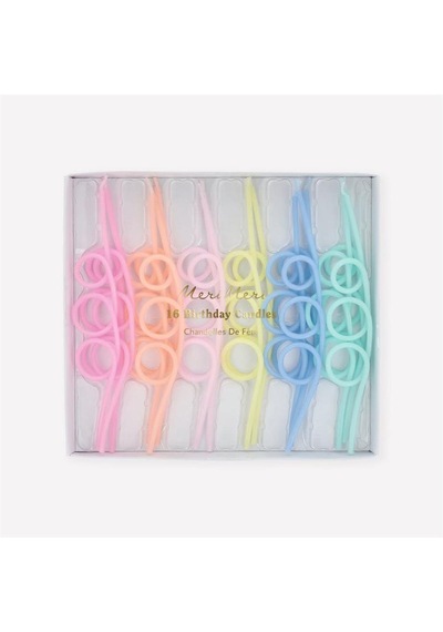 Meri Meri - Pastel Loopy Candles - Pastel Renk Kıvrımlı Mumlar - 16 Adet Çok Renkli