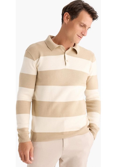 DeFacto Standart Fit Normal Kesim Çizgili Polo Yaka Triko Kazak Y4194AZ24WNBG295