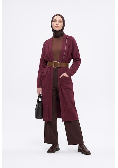 Armine Trend Süs Fermuar Detaylı Simli Fitilli Hırka 115 Cm Boy Bordo 25kt532