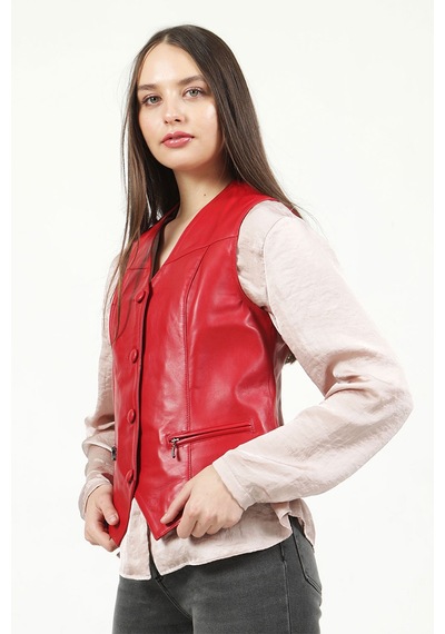 Dericlub Vittoria Kadın Düğmeli Slim Fit Hakiki Deri Yelek B.kırmızı
