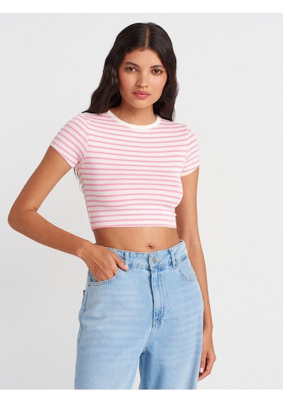 Dilvin 31889 Çizgili Crop Top-ekru-pembe Ekru - Pembe