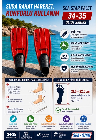 Deniz Paleti 34-35 Numara Yüzme Paleti Snorkel Dalış Rahat Esnek Hafif Tatil Paleti Seti Kırmızı Siyah