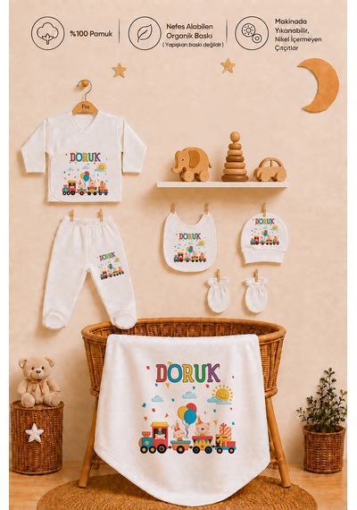 Pia Baby Erkek Bebek Hastane Çıkışı 10 Parça %100 Pamuk İsimli Kişiye Özel Organik Baskılı Set 2050100x Ekru