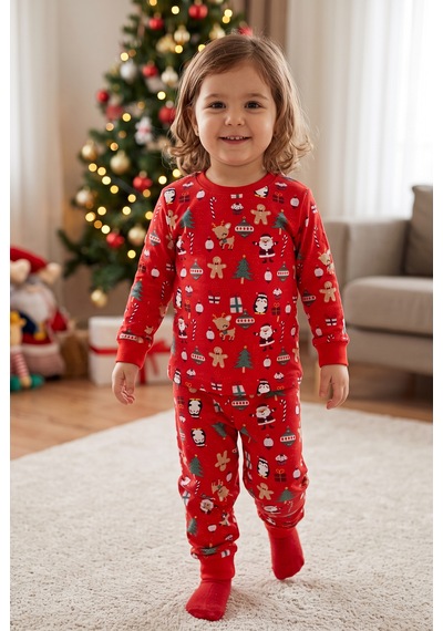 Bmt Bebek %100 Pamuk Kırmızı Yılbaşı Temalı Çocuk Pijama Takımı 3-12 Yaş