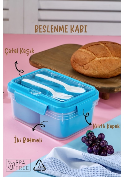 İki Hazneli Çatal-kaşık Bölmeli Kilitli Kapak Beslenme Kabı Ve Yemek Saklama Kutusu - Mavi MAvi