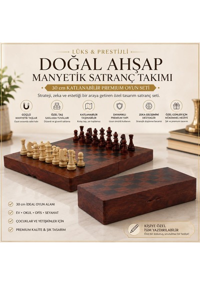 Kişiye Özel İsimli Lüks Ahşap Manyetik Satranç Takımı 30 Cm Katlanır Özel Yuvalı Premium Oyun Seti