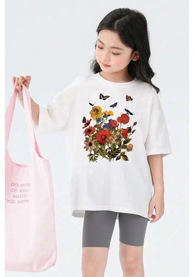 Uyguntarz Çocuk Flowers Baskılı Pamuklu Tshirt Beyaz