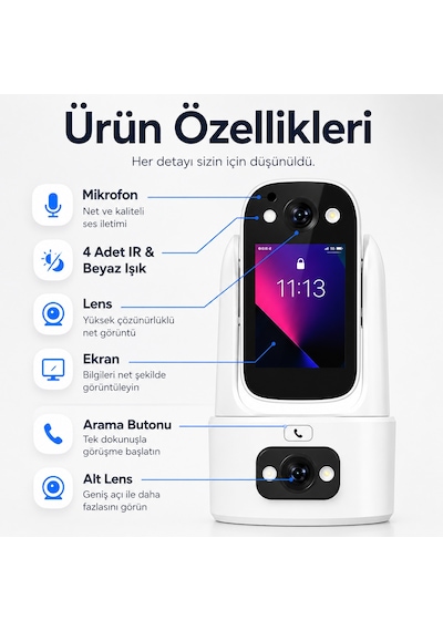 Uninet Çift Kameralı 355 Derece Dönebilen Ptz Wifi Güvenlik Kamerası Uzaktan Izleme, Gece Görüş Iç Mekan Kamera