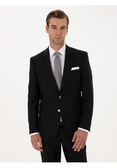 Cacharel Siyah Slim Fit %100 Yün Mono Yaka Basic Takım Elbise