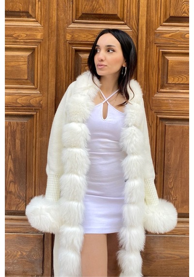 Lava Design Kürklü Triko Hırka & Uzun Triko Hırka & Kadın Triko Hırka Beyaz