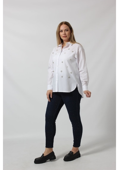 Moda Berray Beyaz Taş İşlemeli Şık Gömlek Beyaz