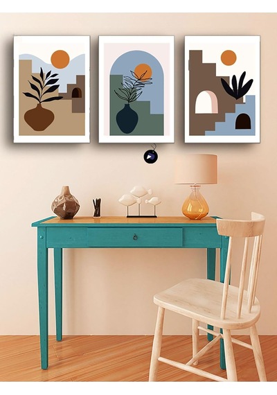 Pster149 Yaz Güneşinde Saksı Üçlü Kanvas Tablo Seti, Premium 3'lü Canvas, 3 Parçalı Duvar Tablosu 50 X 70