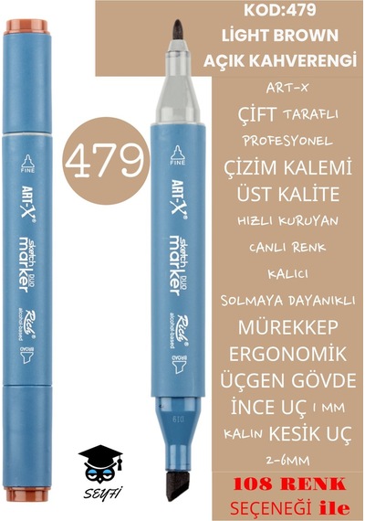 Çift Taraflı Profesyonel Çizim Kalemi Kalıcı Mürekkep Üçgen Gövde İnce Uç 1 Mm Kesik Uç 2-6mm Sketch 479-açık Kahverengi