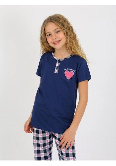 Kız Çocuk Kısa Kollu Düğme Detaylı %100 Pamuklu Pijama Takımı Special Love Lacivert