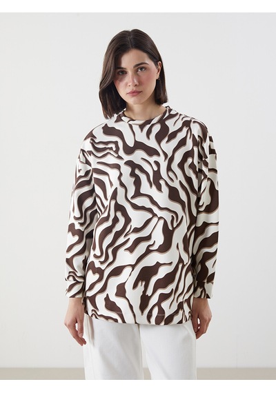 Lcw Modest Kahverengi Desenli Oversize Kadın Sweatshirt Tunik