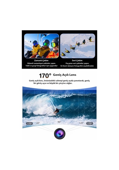 4k 60fps Aksiyon Kamerası, Ultra Hd Wifi Su Geçirmez Spor Kamera, 2 İnç Dokunmatik Ekran, Eıs Titreşim Engelleme, 30 Metre Suya Dayanıklı 5 Metre Siyah