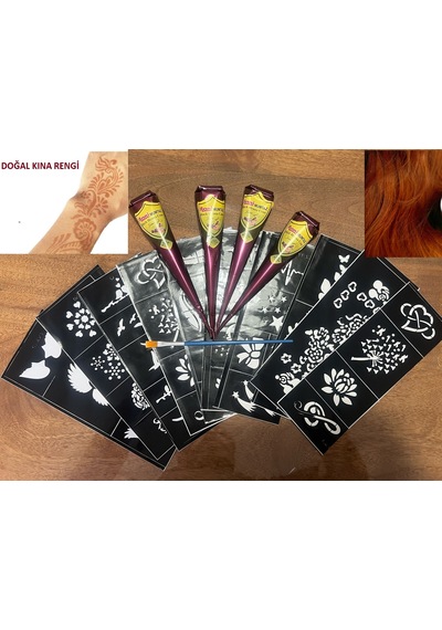 Airbrush Tattoo Doğal Renk Jumbo Boy Kına 50 G + Koni Kına 4'lü + Şablon 10'lu
