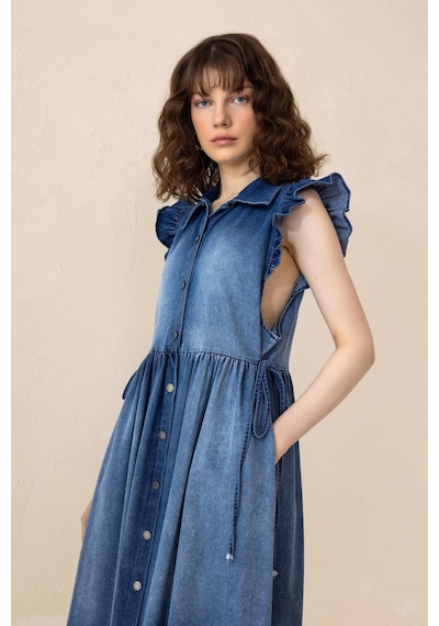 Olcay Fır Fır Detaylı Kolsuz Denim Elbise Mavi 9296-e