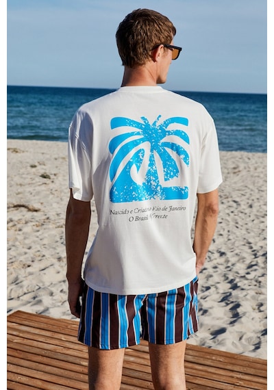 Grımelange Copacabana Erkek Ön Arka Çatlayan Baskı Detaylı %100 Organik Pamuk Oversize Kısa Kollu Beyaz T-shirt