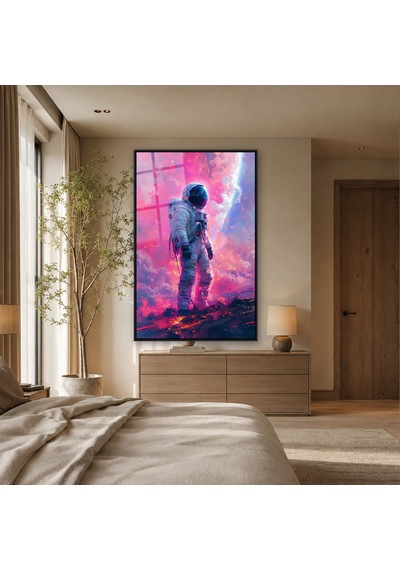 Pembe Bulutlarda Yürüyen Astronot Siyah Çerçeveli Cam Tablo