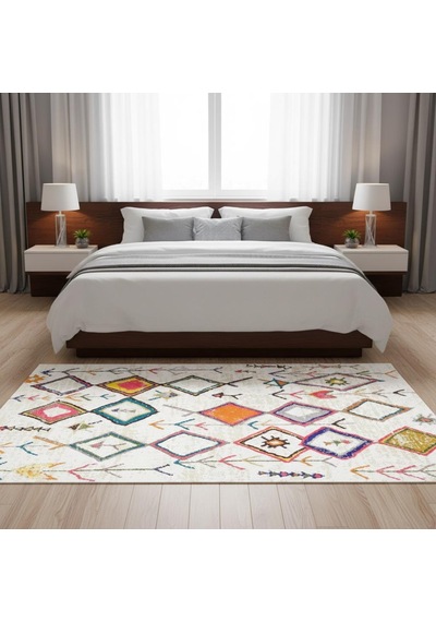Krem Çok Renkli Boho Motifli Dijital Baskılı Halı Kaymaz Tabanlı, Geometrik Modern Desenli Salon