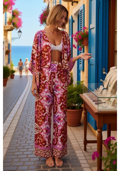 Benerly Kadın Büyük Beden Oversize Dokuma Plaj Bluz Pantolon Takımı V Yak Çok Renkli